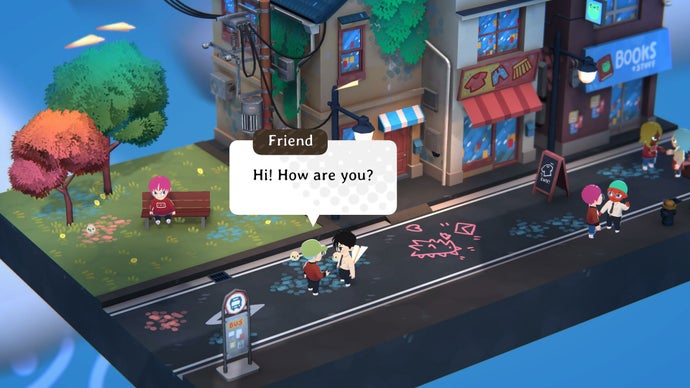 A street scene in Kind Words 2. It's cute and dinky like Animal Crossing. Characters stop and talk to each other. A big chat box pops up and in it, it says, "Hi! How are you?"