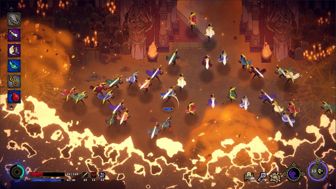 A top down-ish image of dozens of players with swords on their back running into a structure. They are chased by fire. There's a sandy, desert aesthetic to the whole image.
