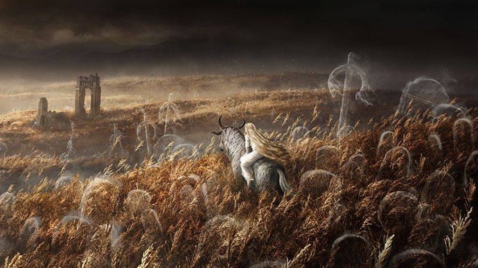 Moody promotional art for Elden Ring's Shadow of the Erdtree expansion seemingly showing Miquella riding through fields of wheat on the back of Torrent.
