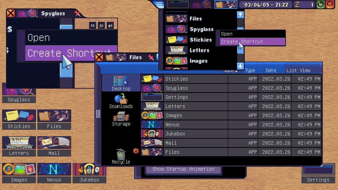 Dreamsettler screenshot showing a beige desktop background and series of overlapping, retro PC windows with bright clashing colours.
