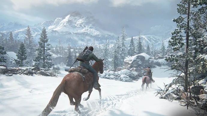 Ellie and Dina in The Last of Us Part 2 Remastered. They are riding on horseback through the snow