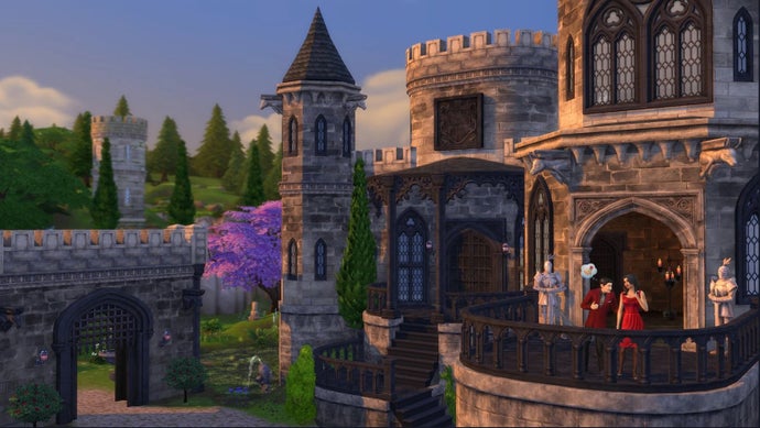 A screenshot from The Sims 4's Castle Estate Kit pack showing two Sims stood on the balcony of their lavish estate, deep in conversation.