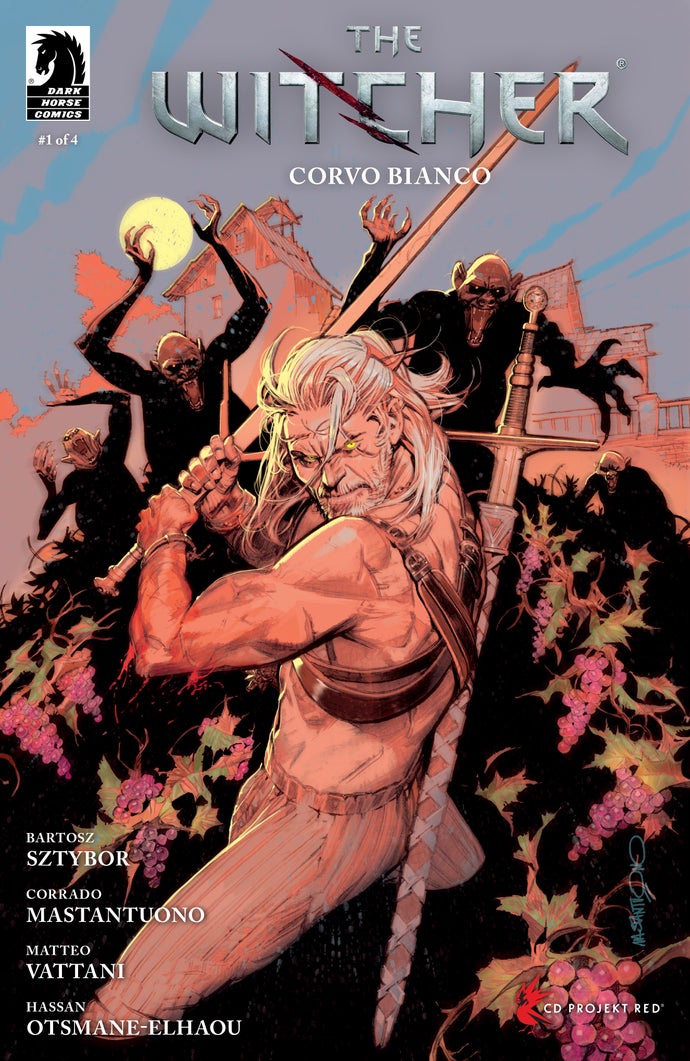 Geralt with no shirt on fights off enemies on the cover of The Witcher Corvo Bianco comic