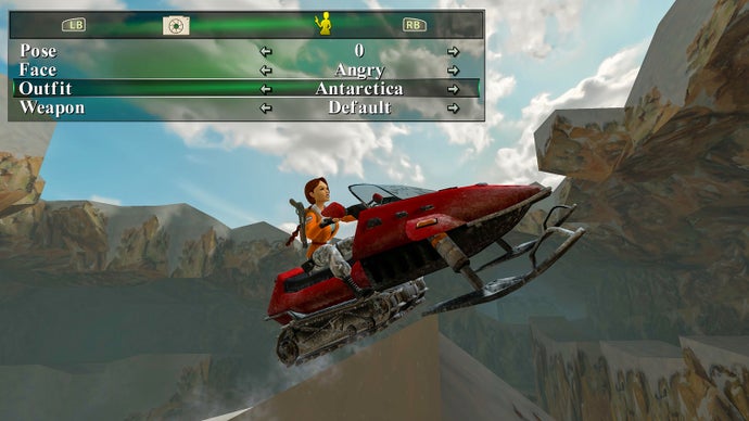 A screenshot from Tomb Raider 1-3 Remastered showing its new photo mode in action as Lara pauses mid-air on a motorised sledge.