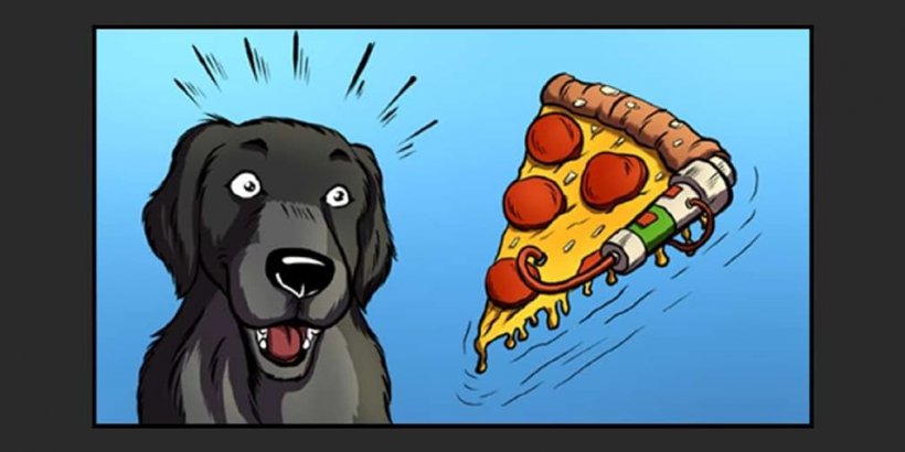 Dog surprised by slice of pizza