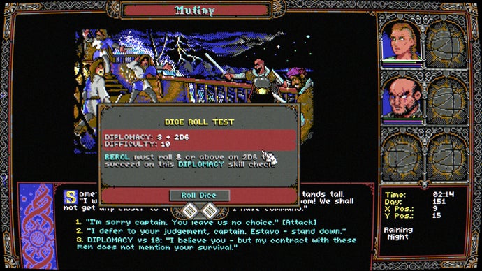 A screenshot of C64 inspired RPG Skald, during a dice-roll moment to decide what happens next. We see a box in the middle of the screen with two d6 dice in it, which will determine whether our diplomacy will stop the mutiny that we see - behind the dice roll box, in a still image - happening.