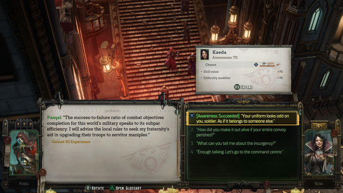 A Rogue Trader screenshot showing a successful skill check during dialogue.