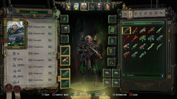A Rogue Trader screenshot showing the inventory screen.