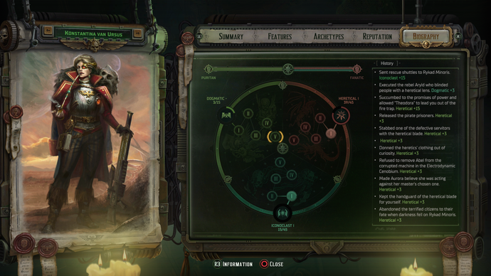A Rogue Trader screenshot showing the biography screen including alignment information.