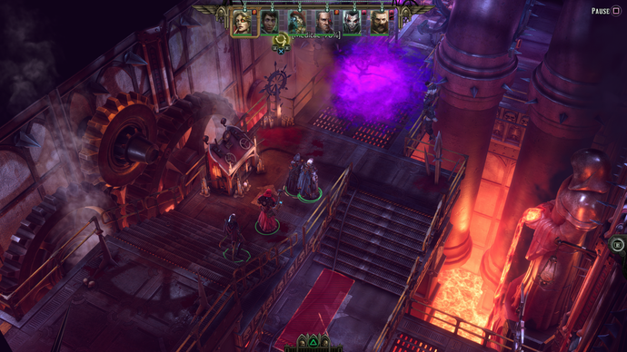 A Rogue Trader screenshot showing the party travelling through a corrupted factory.