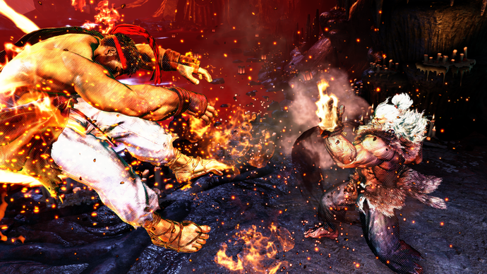 Akuma launches Ryu with flaming uppercut in Street Fighter 6