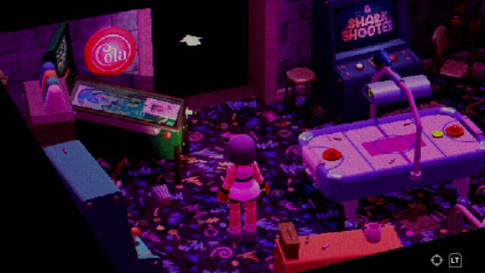 Mara stands, bathed in bubble-gum pink neon. There's a selection of retro electronic games like pinball machines around her. The carpet is reminiscent of 80s/90s arcades.