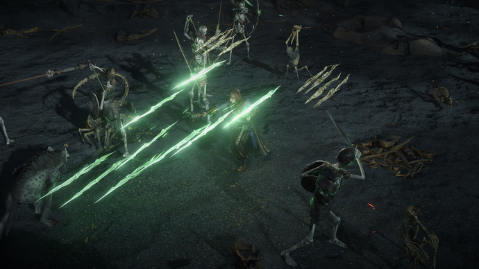 Spectral bones sail through the air in this shot from Path of Exile 2, as part of the Bonestorm skill.