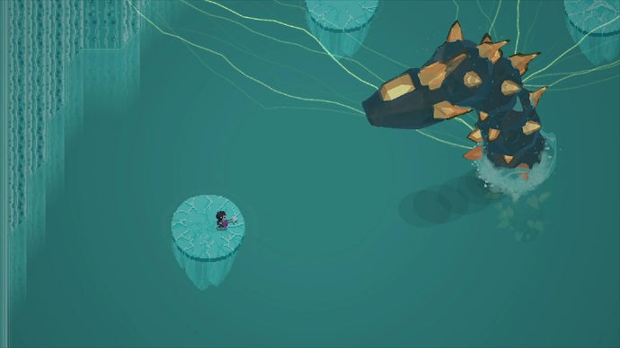 Titan Souls screenshot showing the tiny player character on a circle of ice, facing down a giant electrified sea snake boss