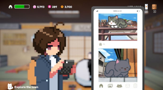 A school girl checks their phone and cat social media account in Neko Odyssey.