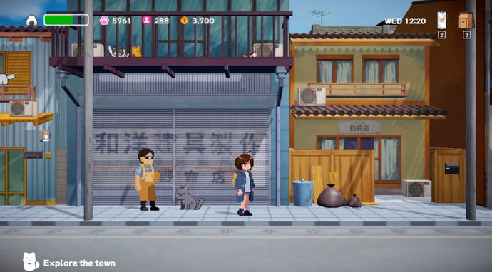 A 2D pixel art scene of a school girl walking down a street in Neko Odyssey.