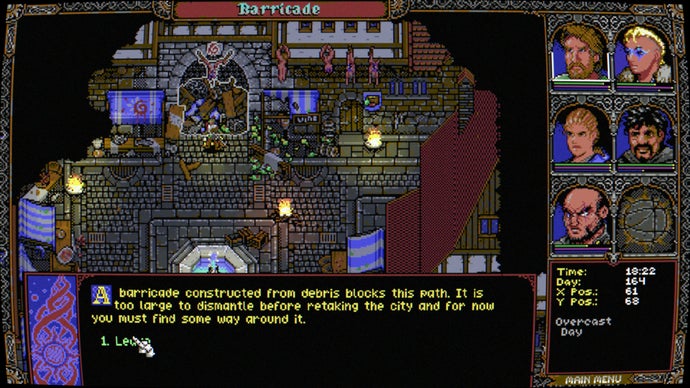 A Screenshot of Skald: Against the Black Priory: showing the player exploring the devastated courtyard of Horryn.