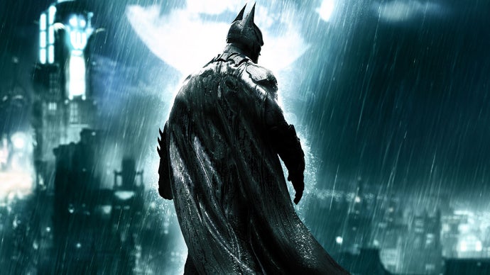 Batman has his back to us in this shot from the Arkham Trilogy