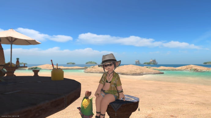 FF14: Dawntrail screenshot showing Player character at a beachside table with corn cob minion.