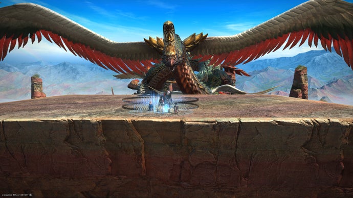 FF14: Dawntrail screenshot showing Facing off against the first trial, a large serpentine bird called Valigarmanda.