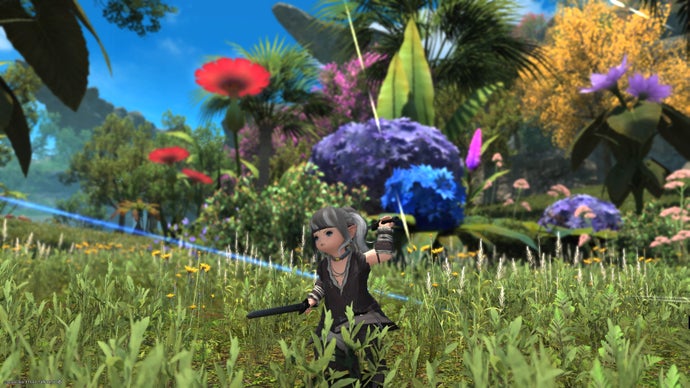 FF14: Dawntrail screenshot showing Player character as viper, dual wielding short swords in tropical environment.