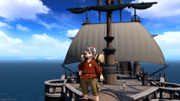 FF14: Dawntrail screenshot showing Player character on the bowsprit of a ship, looking out to sea.