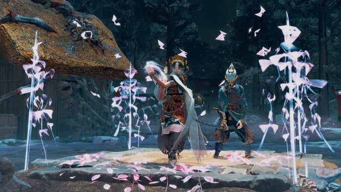 A warrior stands ready with his sword while a priestess dances on a square platform marked by pillars of light in all four corners in Kunitsu-Gami: Path of the Goddess.