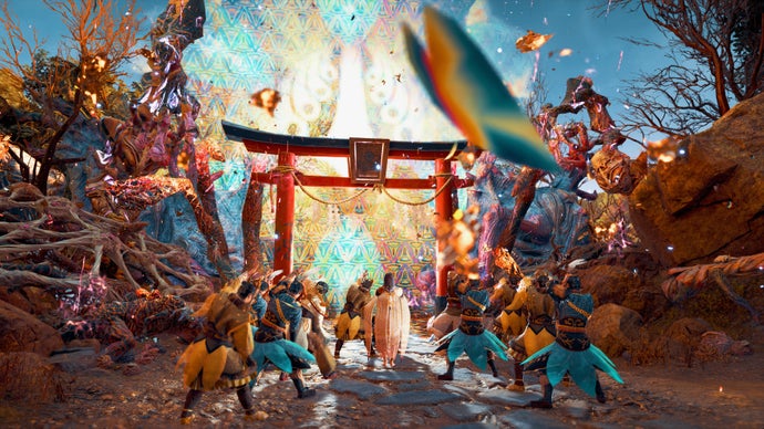 A priestess and a group of warriors dance as they purify a torii gate in Kunitsu-Gami Path of the Goddess.