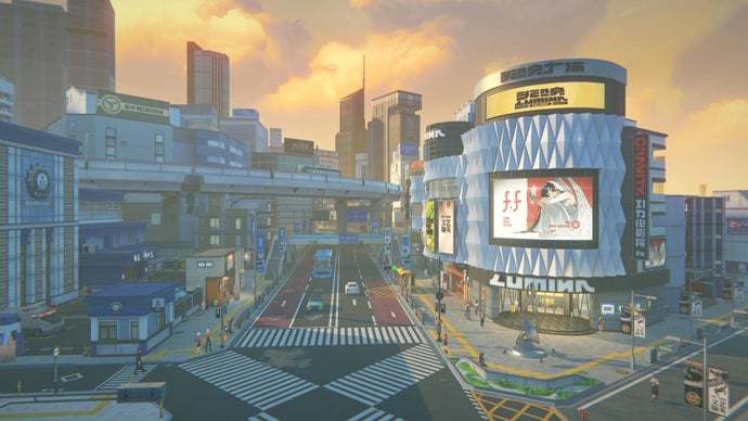 Wide angle view of Lumina Square in Zenless Zone Zero.