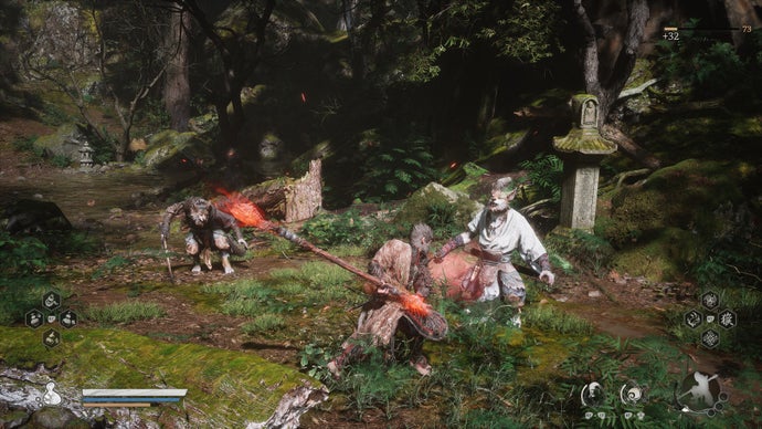 A monkey warrior fights two wolf warriors in a forest in Black Myth: Wukong