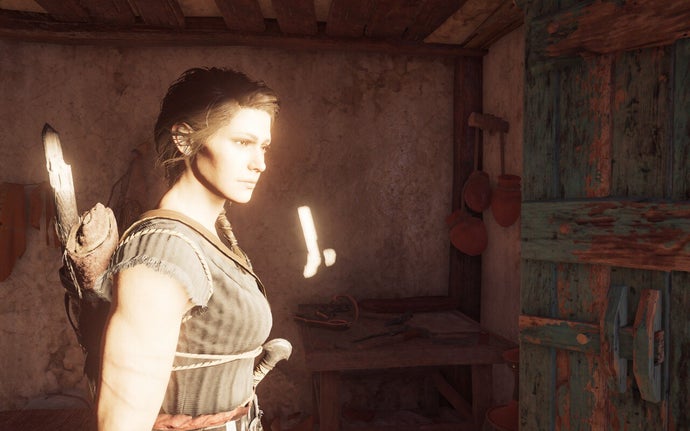 AC Odyssey screenshot of Alexandra emerging into bright sunlight from the shade