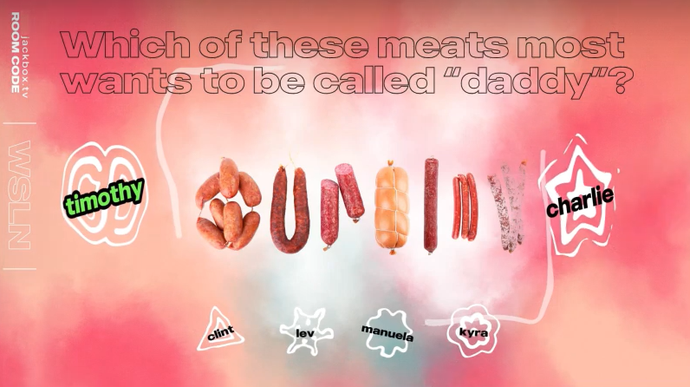 Screenshot from the Jackbox Naughty Pack showing a selection of sausage meats. Above the meat is text that reads: "Which of these meats most wants to be called daddy?"