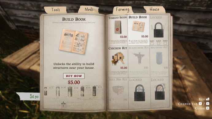 A screenshot from We Harvest Shadows showing an open book - the build book - in which is listed, like a catalogue, things you can buy to improve your farm with.