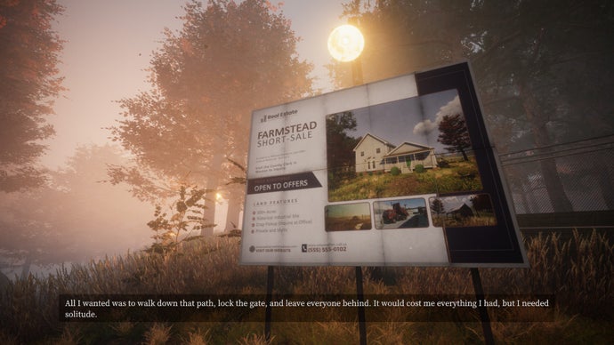 A screenshot from We Harvest Shadows showing a roadside billboard for the sale of a farm - the farm the character in the game buys. The haunted farm. Your home.