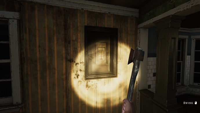 A screenshot from We Harvest Shadows showing from a character's first person view, a creepy painting on a dirty wall. It's dark and a flashlight is illuminating it.