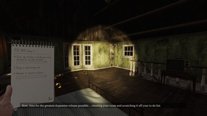 A screenshot from We Harvest Shadows showing a very dark and dingy bedroom illuminated, a bit, by a flashlight. The character also holds up a todo list on a reporter's notebook. It's gross and yet weirdly familiar.