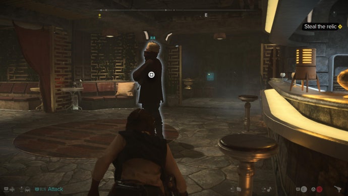 Star Wars Outlaws screenshot showing Kay walking up next to a blissfully unaware guard.