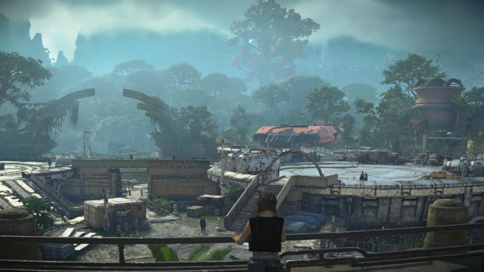 Star Wars Outlaws screenshot showing Kay looking out over the view on jungle planet Akiva.