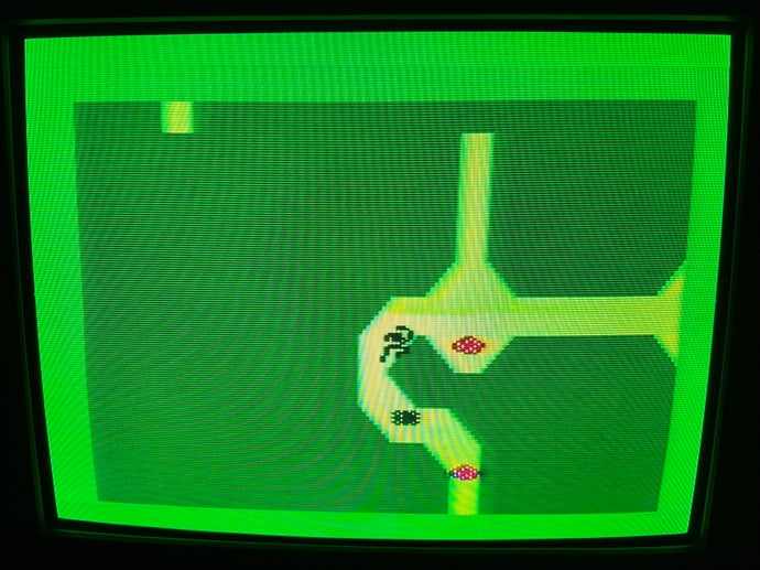 A screenshot from Advanced Dungeons & Dragons, showing a small black pixel figure running from two pink blobs through a green and yellow dungeon.