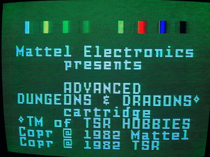 A screenshot from Advanced Dungeons & Dragons, showing its green title screen and copyright information.