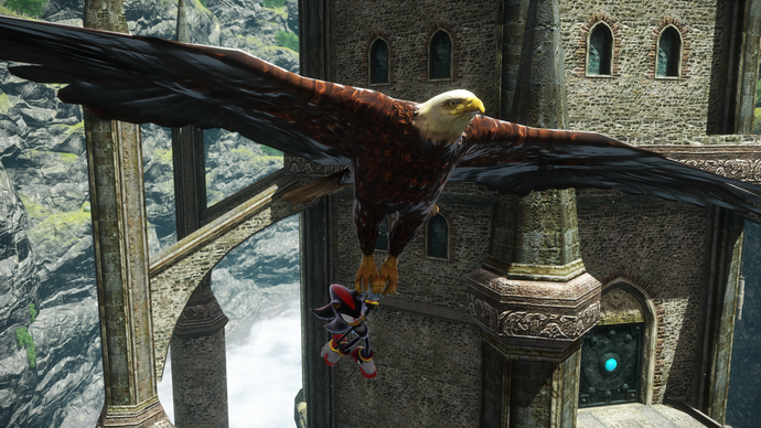 Sonic x Shadow Generations screenshot showing a giant eagle flying past a castle holding Shadow in its claws