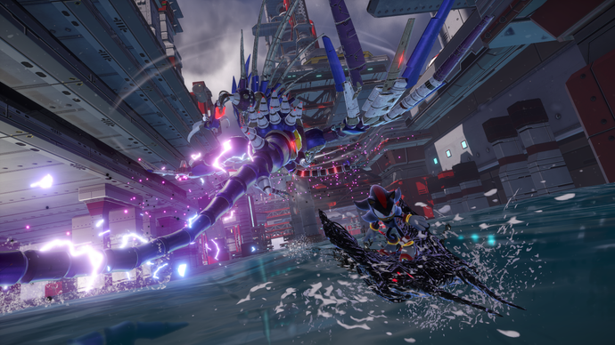 Sonic x Shadow Generations screenshot showing Shadow the hedgehog surfing chased by a giant mechanical creature