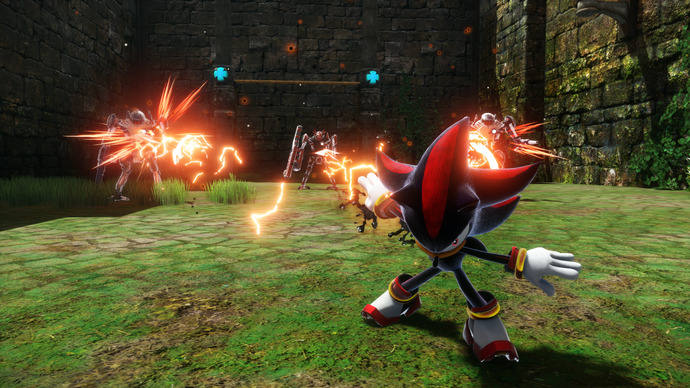 Sonic x Shadow Generations screenshot showing Shadow facing the camera firing red spears at enemies