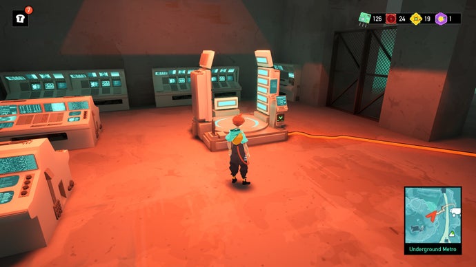 Sauge stands before a teleporter in a lab in Caravan SandWitch.