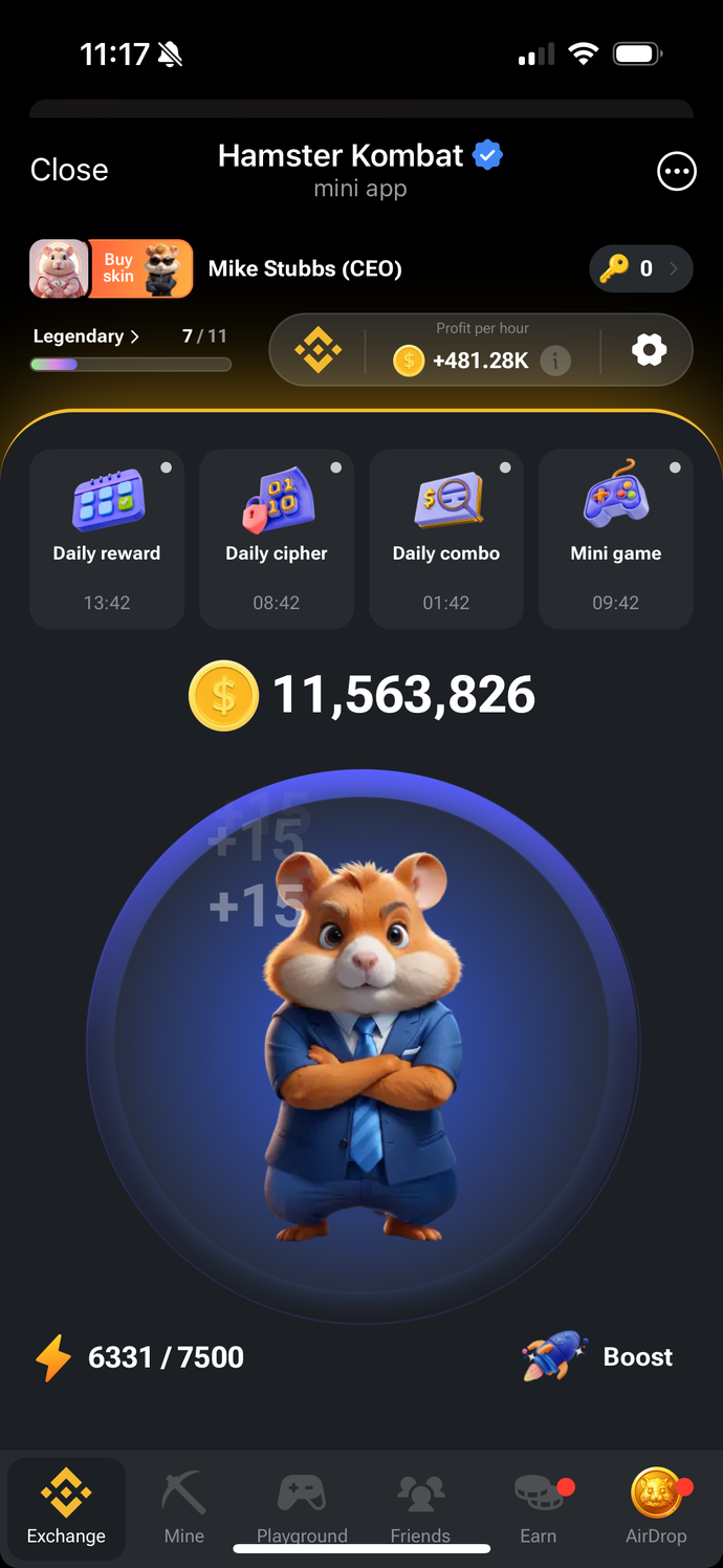 A screenshot of Hamster Kombat, showing a hamster in a suit below rewards players can buy.