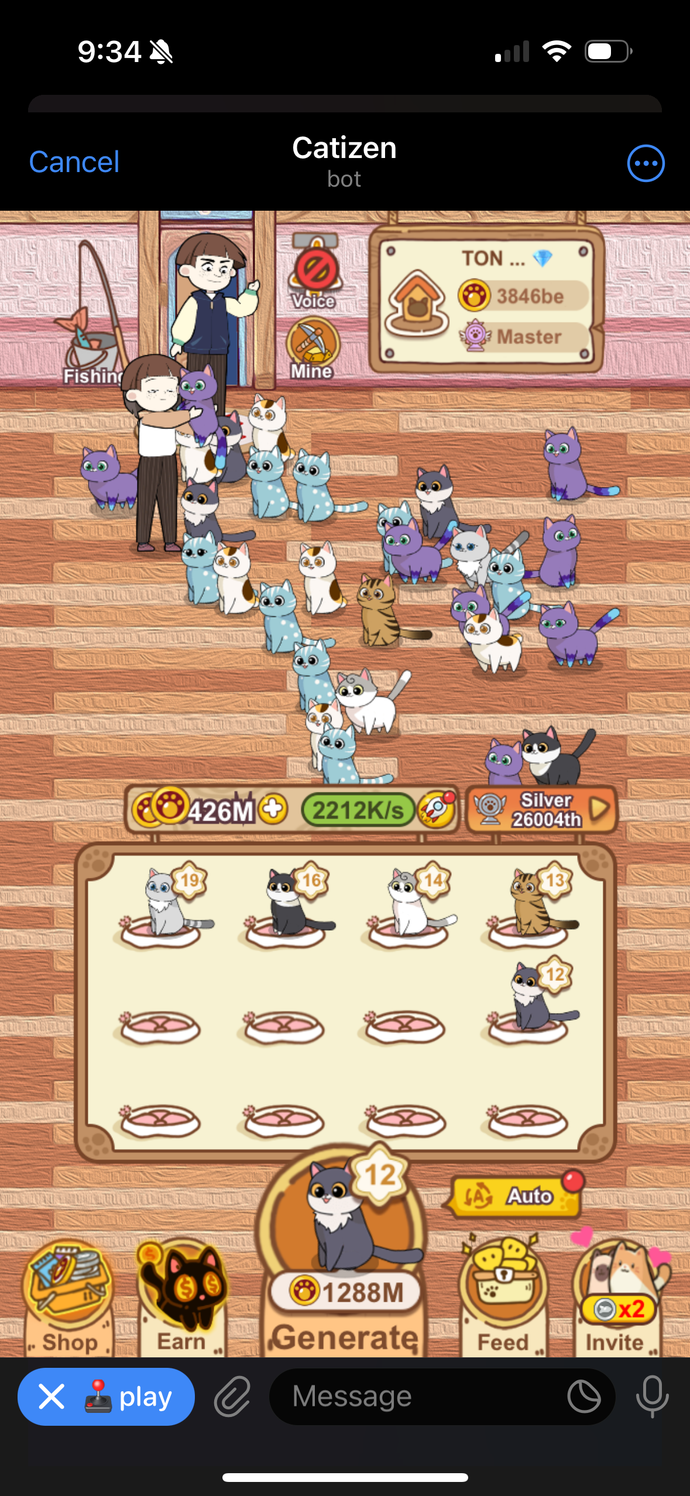 A screenshot of Catizen, showing a room with dozens of cats to be clicked on.