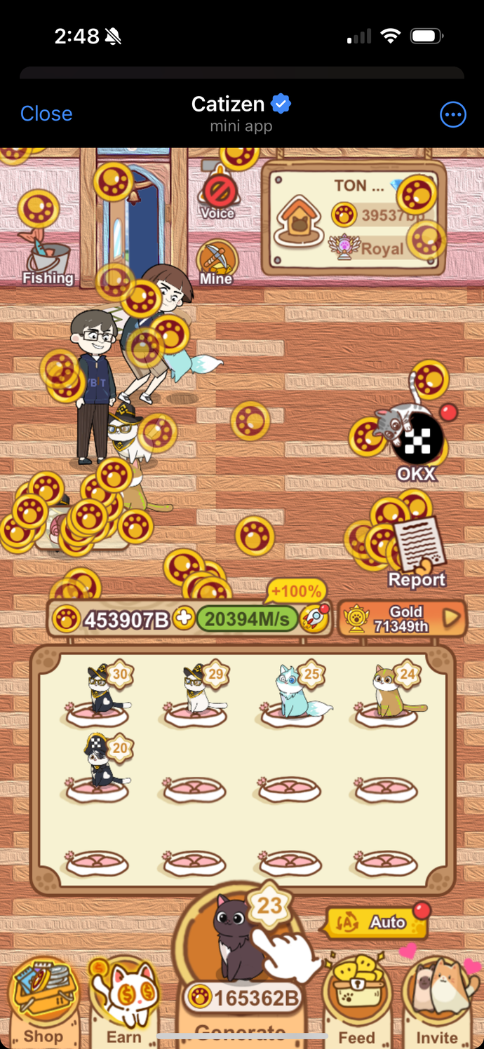 A screenshot of Catizen, full of coins earned from tapping a cat.