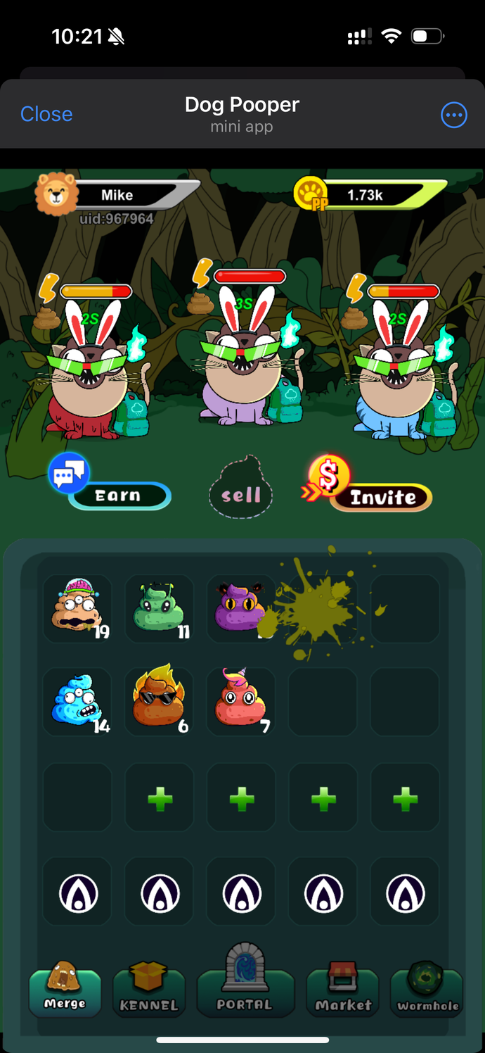 A screenshot of Dog Pooper, showing three dogs in costumes and several themed poops.