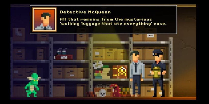 Detective McQueen and Officer Dooley in the evidence room with a gremlin, McQueen is commenting on a wizard hat from a previous case