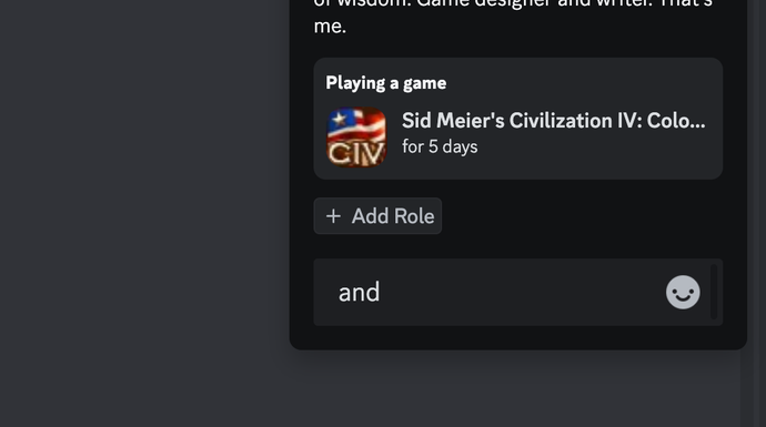 Example Discord profile that shows how long your friends have been playing. This one says" Sib Meier's Civilization IV" for "5 days"